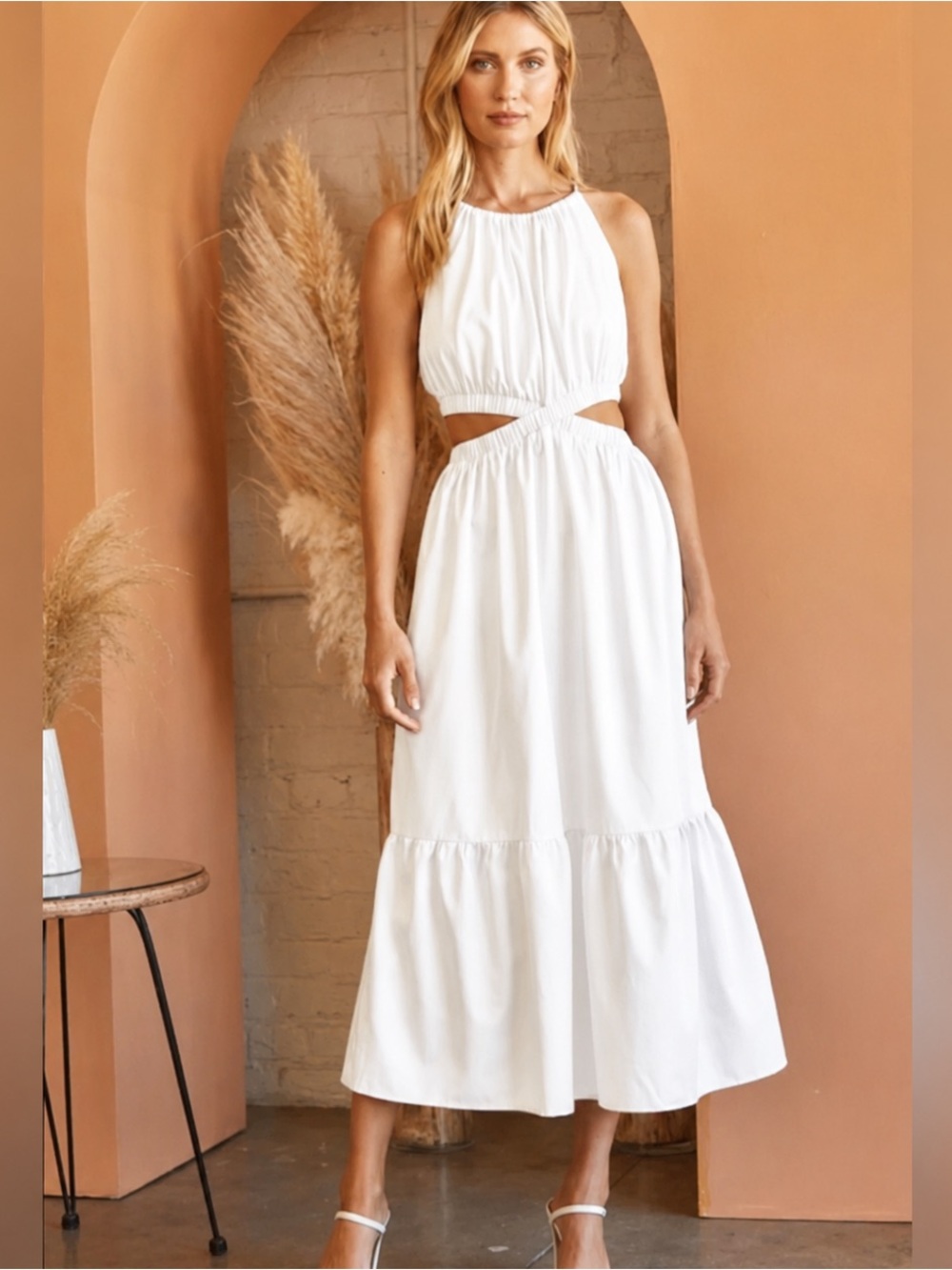 White Cutout Halter Midi Dress - Women